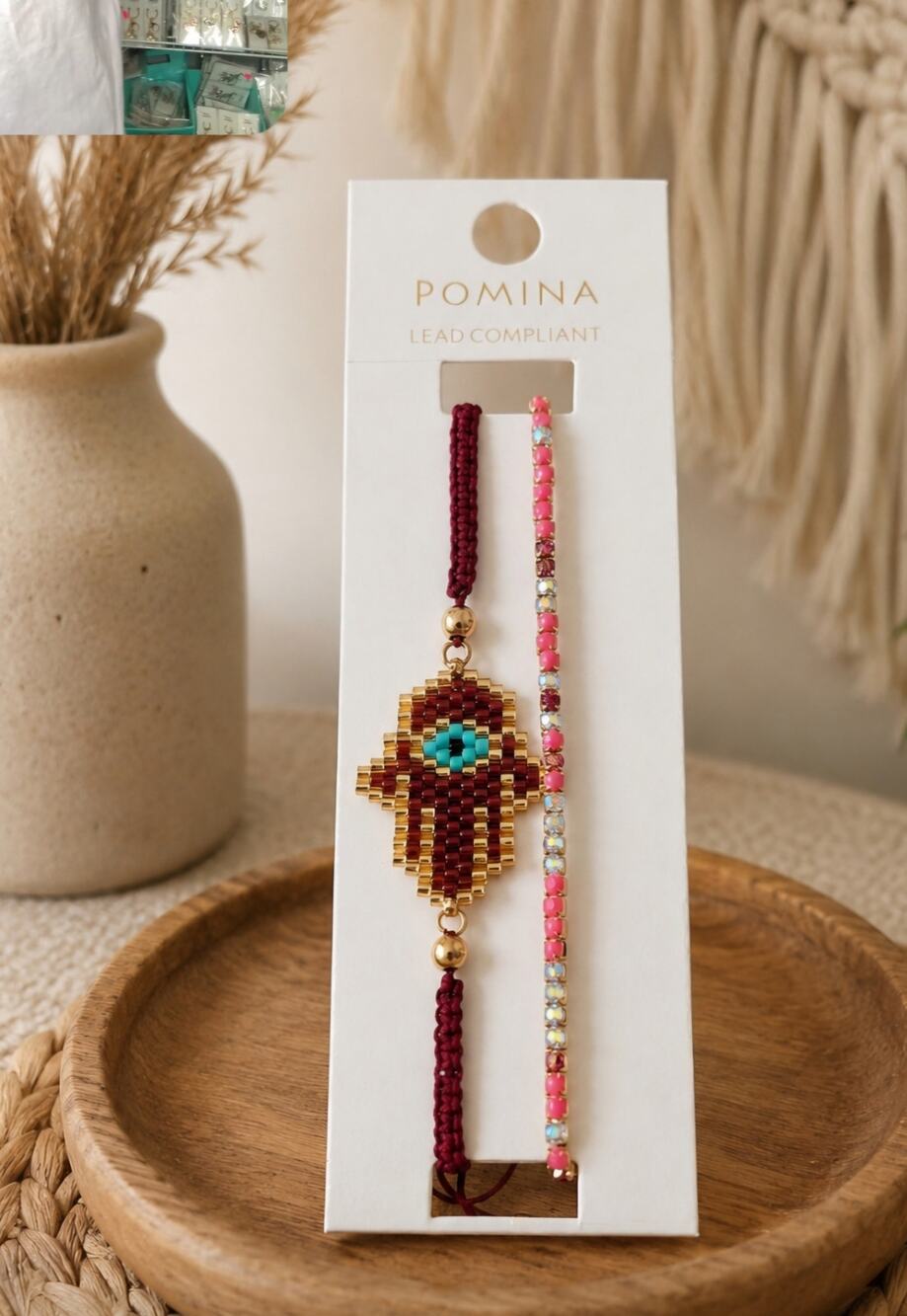 Pomina Hamsa Beaded Bracelet Set Burgundy New